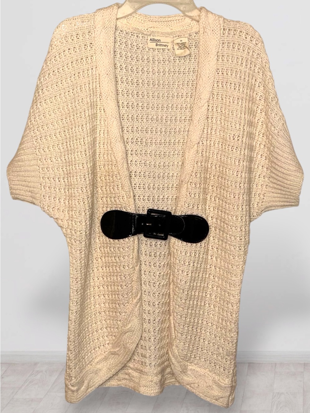 🌼Allison Brittney Cream Open-Knit Short Sleeve Cardigan with Black Belt